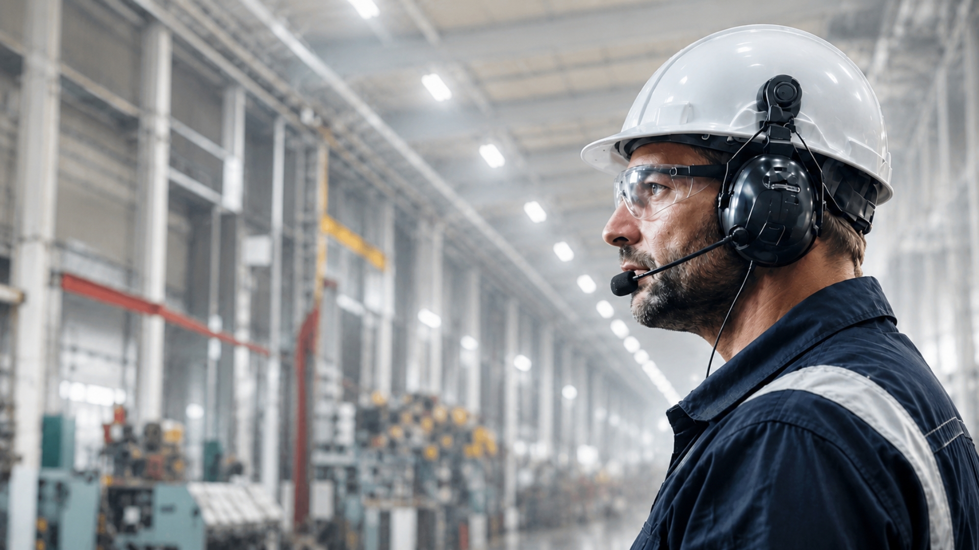 Person mit Schutzhelm und Headset vor Schallwellen-Grafik in dunkler Arbeitsumgebung