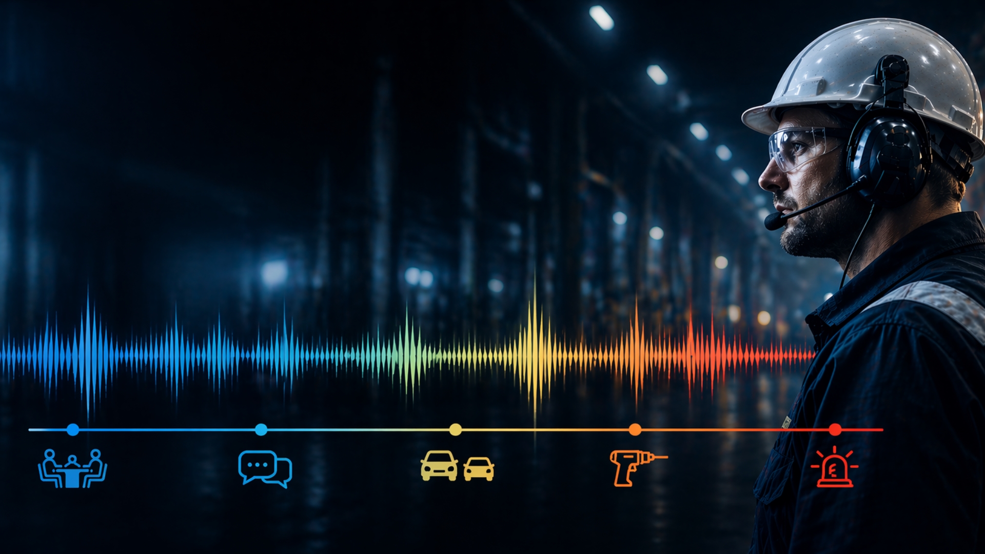 Person mit Schutzhelm und Headset vor Schallwellen-Grafik in dunkler Arbeitsumgebung