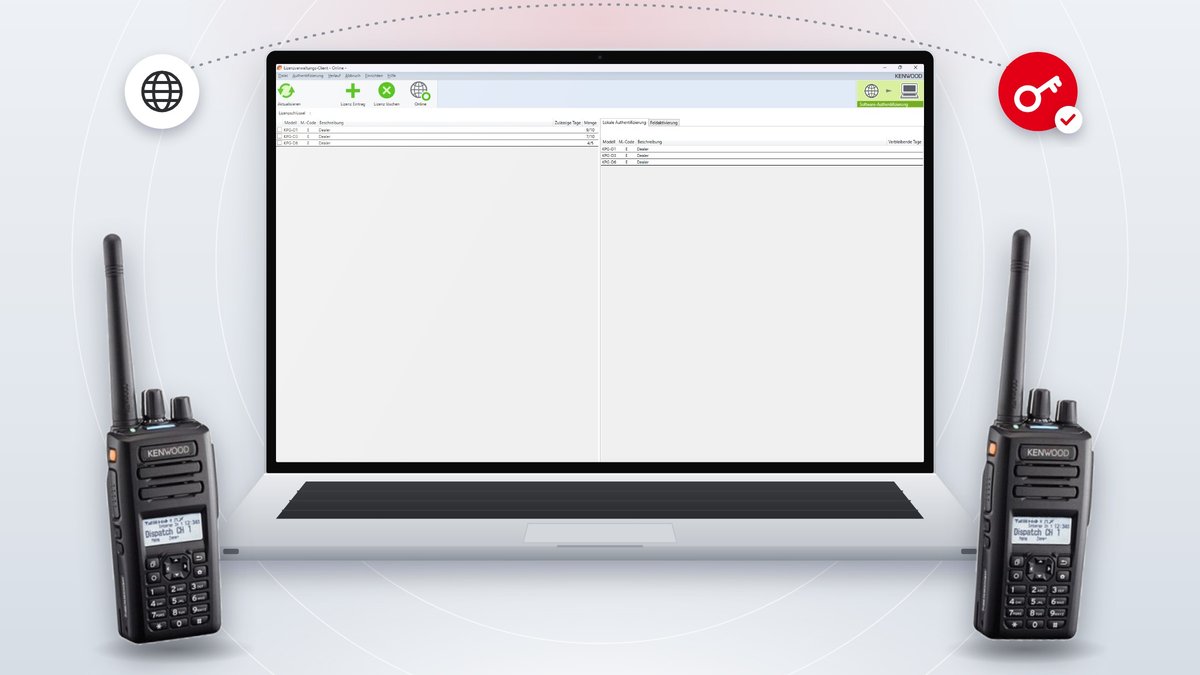 Laptop mit dem KENWOOD License Management Client KPT-300LMC zwischen zwei KENWOOD-Handfunkgeräten