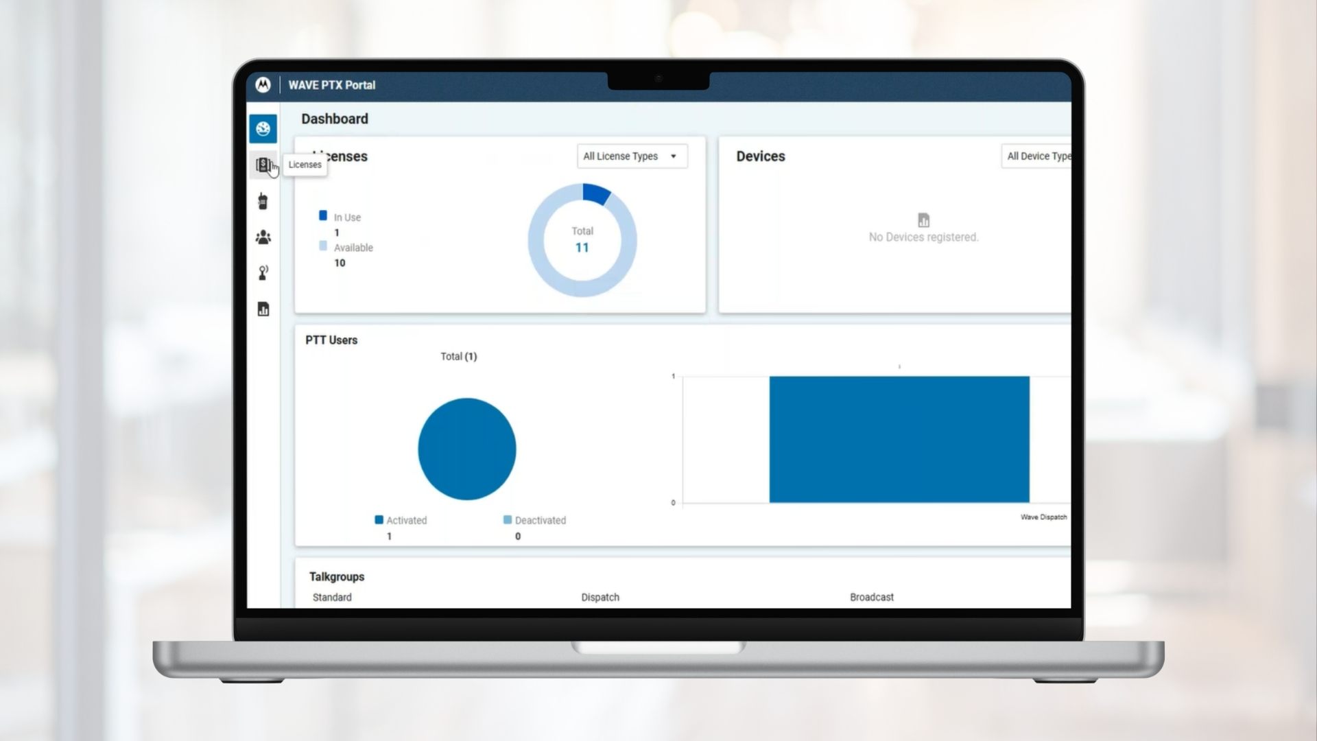 Dashboard des neuen WAVE PTX Portals mit Überblick über Lizenzen, Geräte und Benutzer.