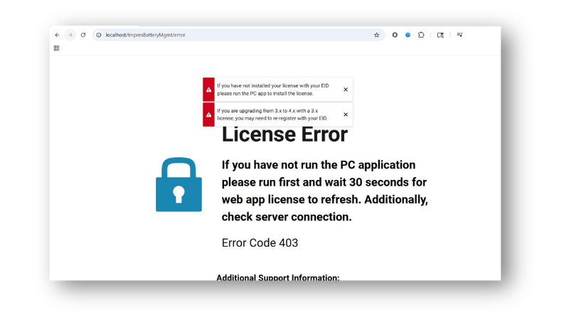 Weboberfl&auml;che des Motorola IMPRES Battery Fleet Managers mit Lizenzfehlermeldung und Error Code 403 beim Zugriff auf die Anwendung.