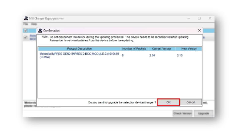 Ein Bestätigungsfenster fordert zur Freigabe der Firmware-Aktualisierung des Ladegeräts auf.