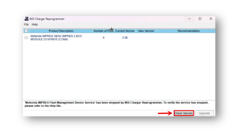 In der MSI-Charger-Reprogrammer-Software wird die Funktion zur Prüfung der Firmware-Version angezeigt.
